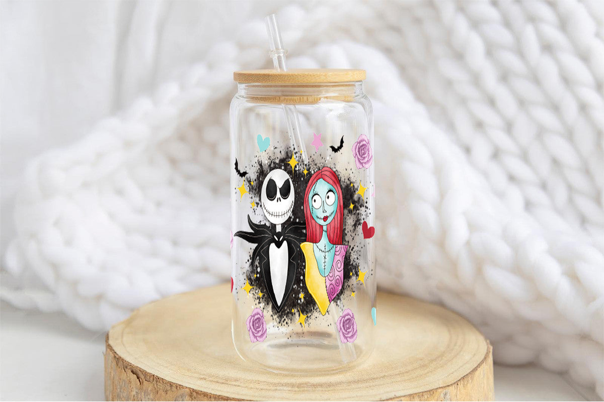 Jack and Sally Tumbler Glass Cup With Lid And Straw