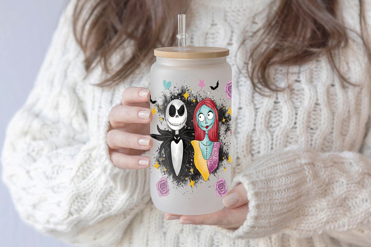 Jack and Sally Tumbler Glass Cup With Lid And Straw