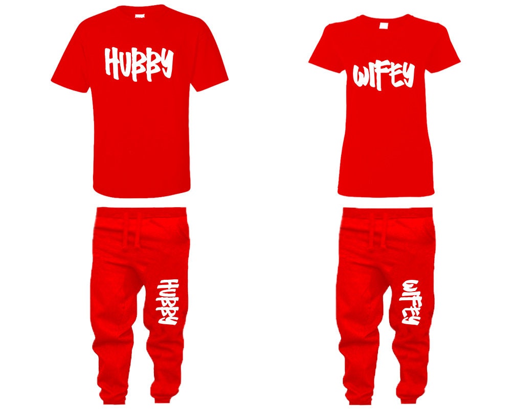 Hubby Wifey honeymoon outfits, christmas pants, christmas shirts  4 items sold separately