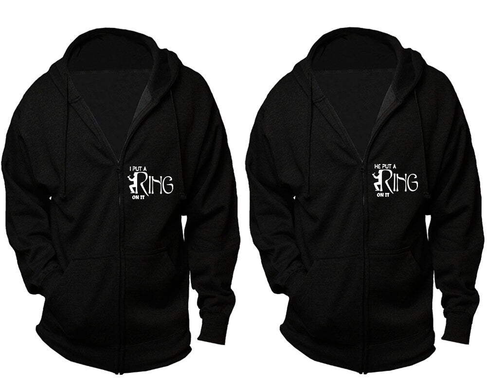 I put a ring on it couple zip up hoodies, bride groom married outfits, engaged photo outfits, sold separately