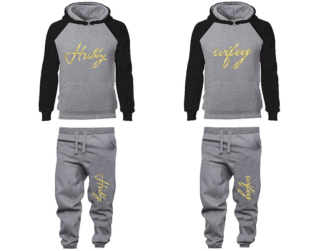 Matching Hubby Wifey Hoodie Jogger Pants, Sweatsuits for couples, matching tracksuits, gold foil 4 items Sold Separately