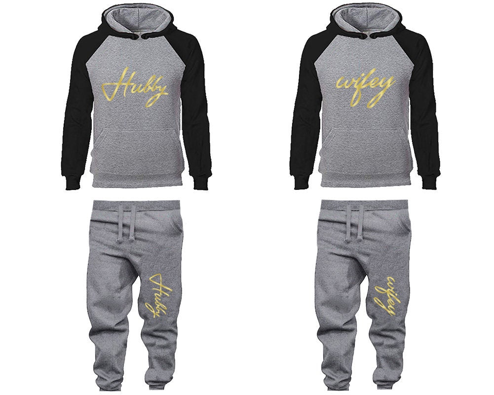 Hubby Wifey Hoodie Jogger Pants, Sweatsuits for couples, matching tracksuits, gold foil 4 items Sold Separately