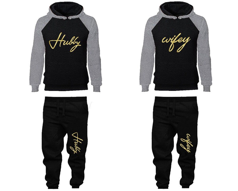 Matching Hubby Wifey Hoodie Jogger Pants, Sweatsuits for couples, matching tracksuits, gold foil 4 items Sold Separately