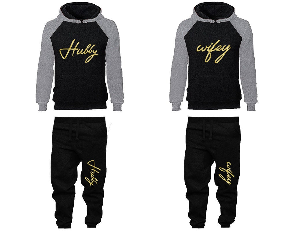 Hubby Wifey Hoodie Jogger Pants, Sweatsuits for couples, matching tracksuits, gold foil 4 items Sold Separately