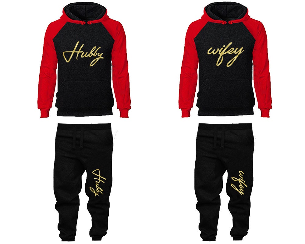 Hubby Wifey Hoodie Jogger Pants, Sweatsuits for couples, matching tracksuits, gold foil 4 items Sold Separately