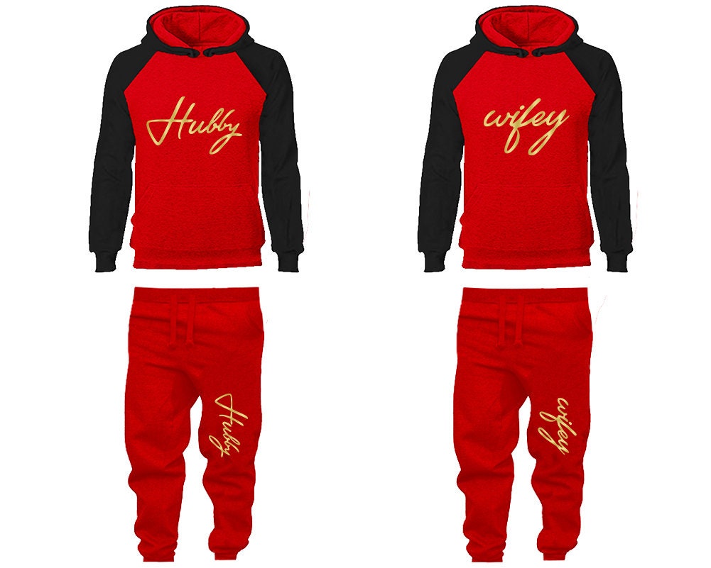 Hubby Wifey Hoodie Jogger Pants, Sweatsuits for couples, matching tracksuits, gold foil 4 items Sold Separately