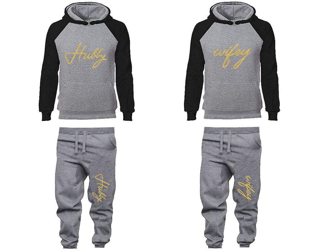 Hubby Wifey Hoodie Jogger Pants, Sweatsuits for couples, matching tracksuits, gold glitter 4 items Sold Separately