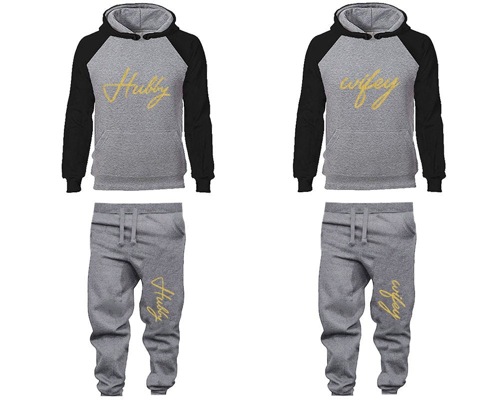 Matching Hubby Wifey Hoodie Jogger Pants, Sweatsuits for couples, matching tracksuits, gold glitter 4 items Sold Separately
