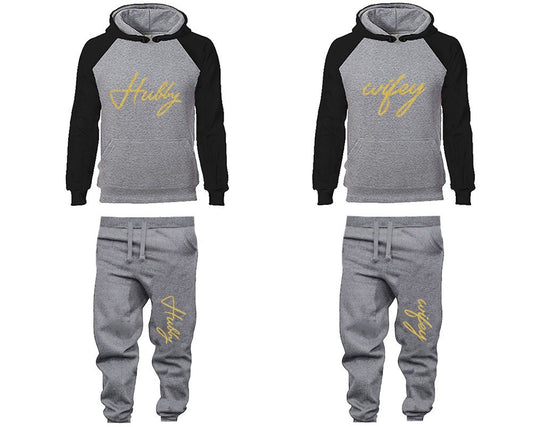 Matching Hubby Wifey Hoodie Jogger Pants, Sweatsuits for couples, matching tracksuits, gold glitter 4 items Sold Separately