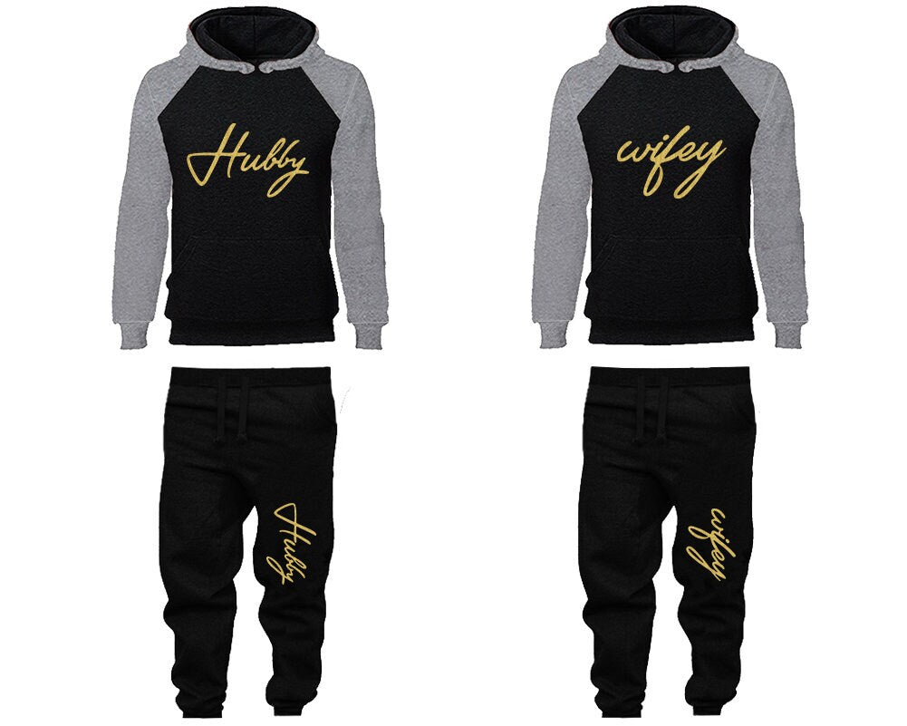 Hubby Wifey Hoodie Jogger Pants, Sweatsuits for couples, matching tracksuits, gold glitter 4 items Sold Separately