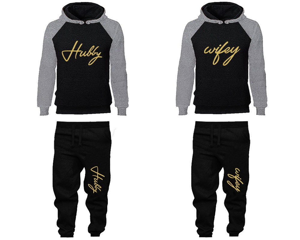 Matching Hubby Wifey Hoodie Jogger Pants, Sweatsuits for couples, matching tracksuits, gold glitter 4 items Sold Separately