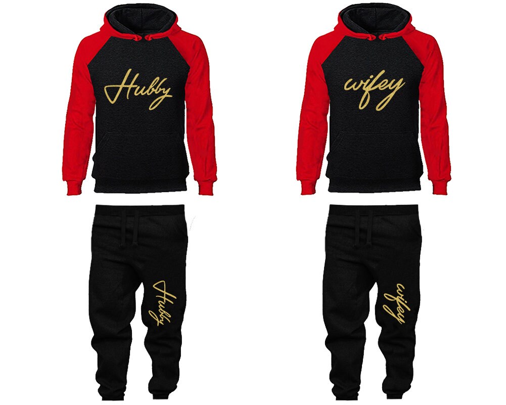 Hubby Wifey Hoodie Jogger Pants, Sweatsuits for couples, matching tracksuits, gold glitter 4 items Sold Separately