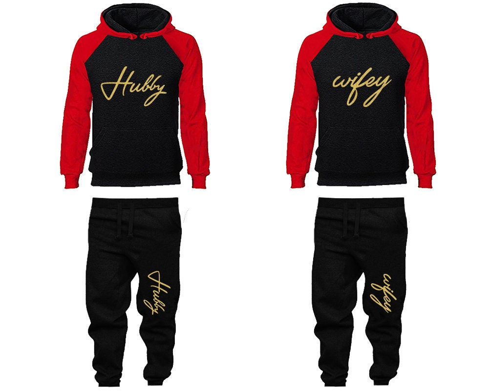 Matching Hubby Wifey Hoodie Jogger Pants, Sweatsuits for couples, matching tracksuits, gold glitter 4 items Sold Separately