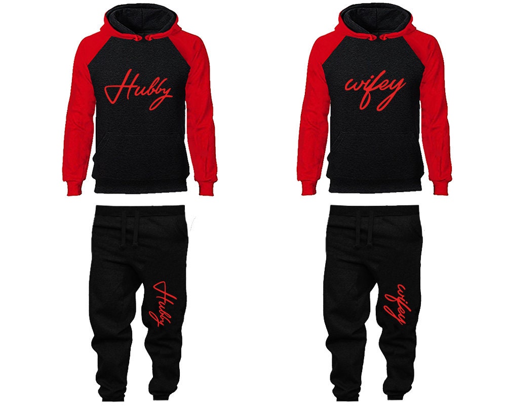 Hubby Wifey Hoodie Jogger Pants, Sweatsuits for couples, matching tracksuits, red designs 4 items Sold Separately