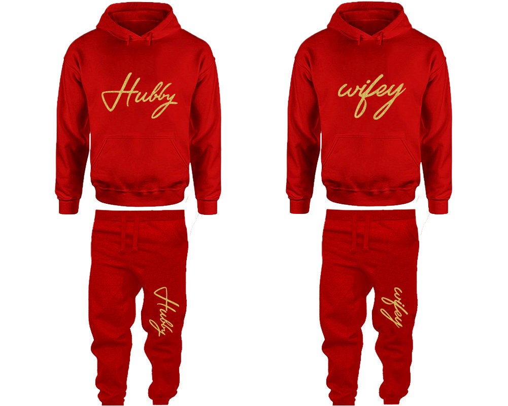 Hubby Wifey Hoodie Jogger pants Valentine Gift Clothing, Women Joggers Men Joggers Gold Glitter Hoodies Matching 4 items  Sold Separately