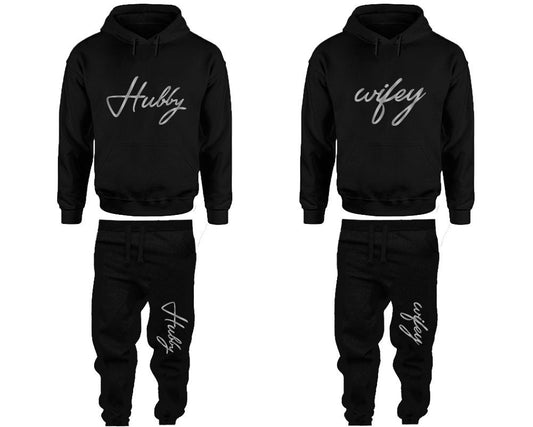 Hubby Wifey Hoodie Jogger pants Valentine Gift Clothing, Women Joggers Men Joggers Silver Foil Hoodies Matching 4 items  Sold Separately