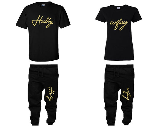 hubby wifey Gold Foil Shirts, Jogger pants, tracksuits, Couple sweatsuits, Matching Unisex Joggers Couple 4 items sold separately