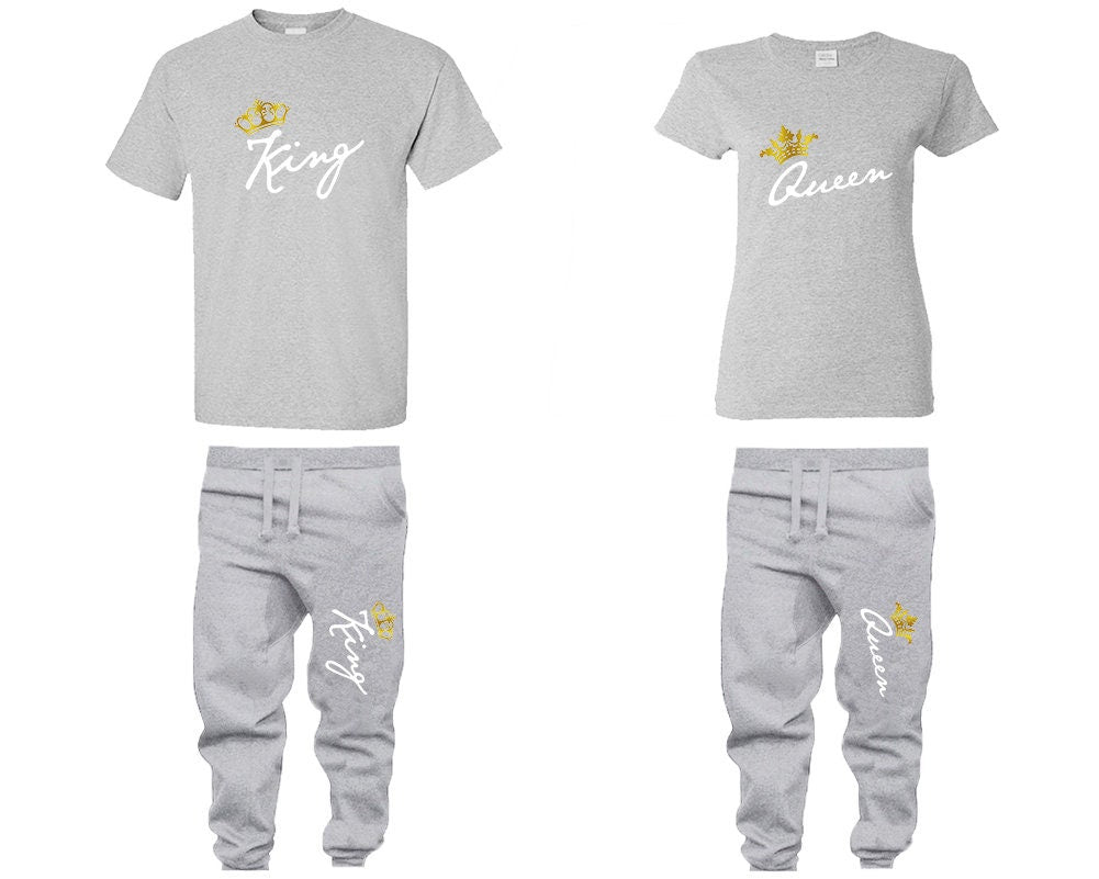 King Queen Couple Shirts, sweatpants, woman jogger pants man jogger pants  Unisex Joggers gold foil crowns Couple 4 items sold separately