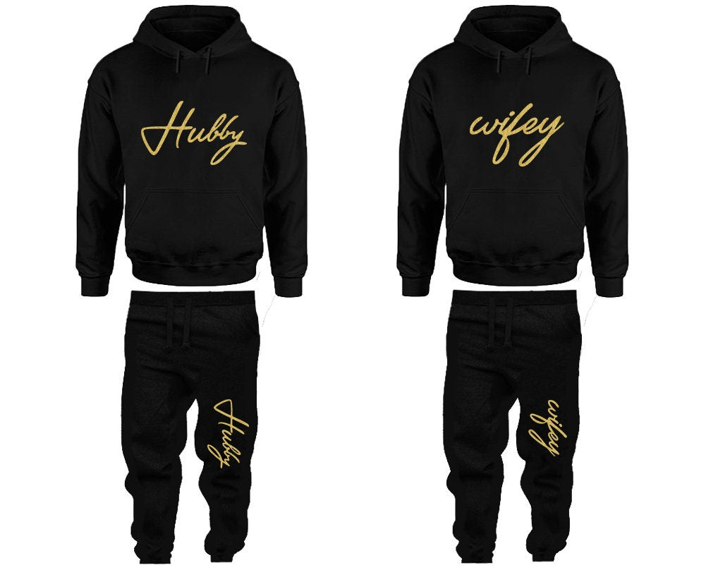 Hubby Wifey Hoodie Jogger pants Valentine Gift Clothing, Women Joggers Men Joggers Gold Glitter Hoodies Matching 4 items  Sold Separately