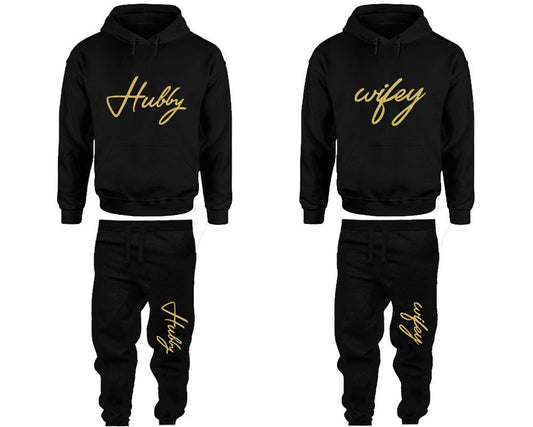 Hubby Wifey Hoodie Jogger pants Valentine Gift Clothing, Women Joggers Men Joggers Gold Glitter Hoodies Matching 4 items  Sold Separately