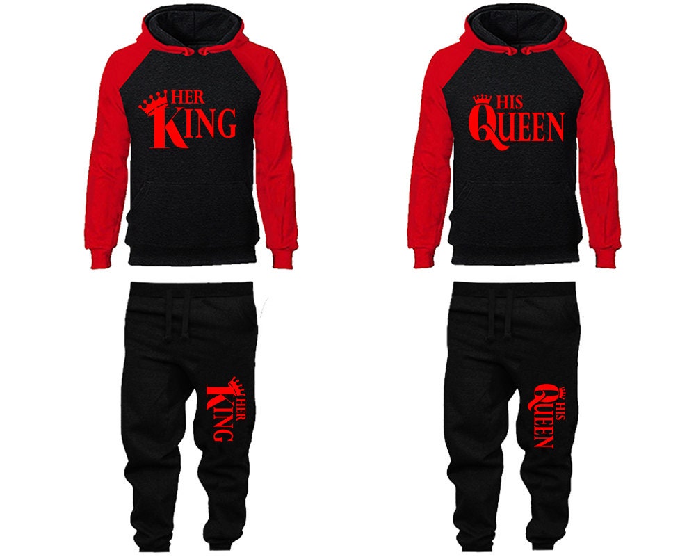 Her King His Queen Hoodie Jogger pants Clothing, red designs Women Joggers Men Joggers King Queen Hoodies Matching 4 items Sold Separately