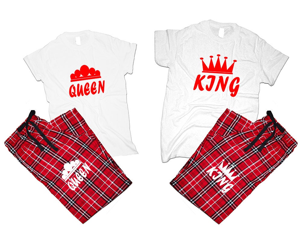 Man woman matching outfits King Queen pajamas Couple flannel pants Christmas gift wedding anniversary vacation   4 items sold separately