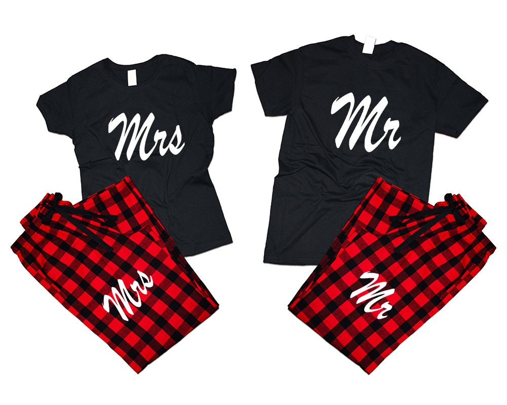 Mr Mrs T shirts pajamas flannel pants outfits Christmas gift wedding anniversary vacation 4 items sold separately