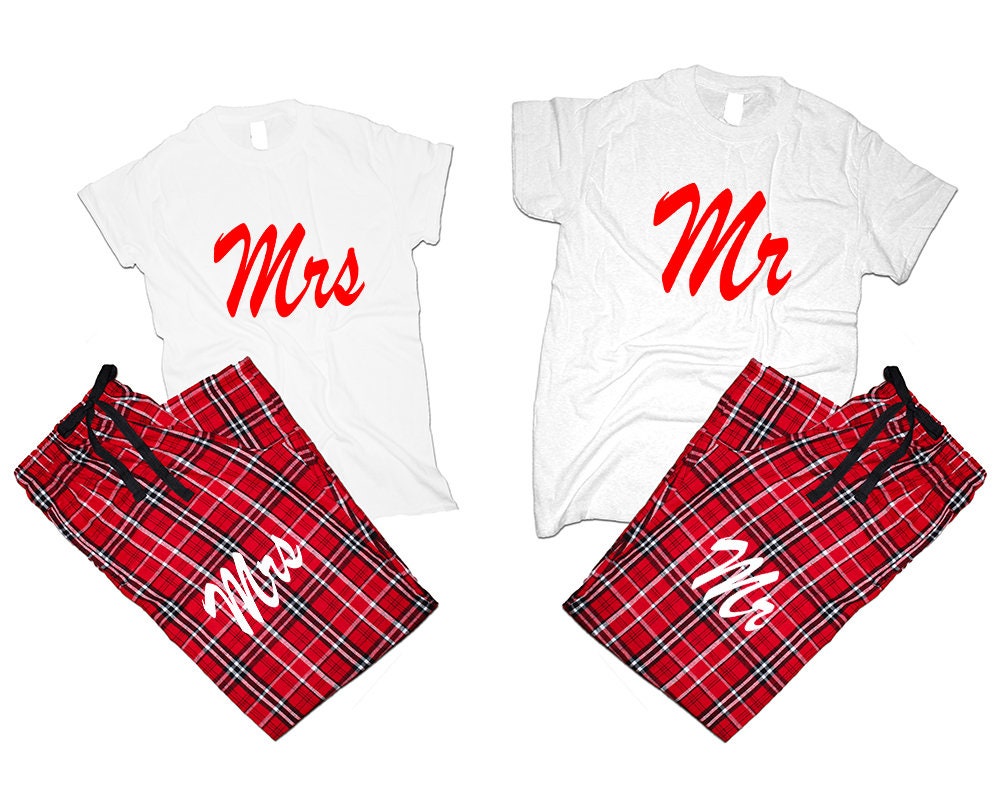 Mr Mrs T shirts pajamas flannel pants outfits Christmas gift wedding anniversary vacation 4 items sold separately