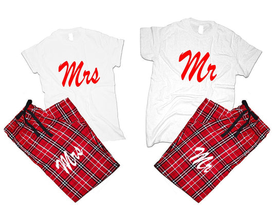 Mr Mrs T shirts pajamas flannel pants outfits Christmas gift wedding anniversary vacation 4 items sold separately