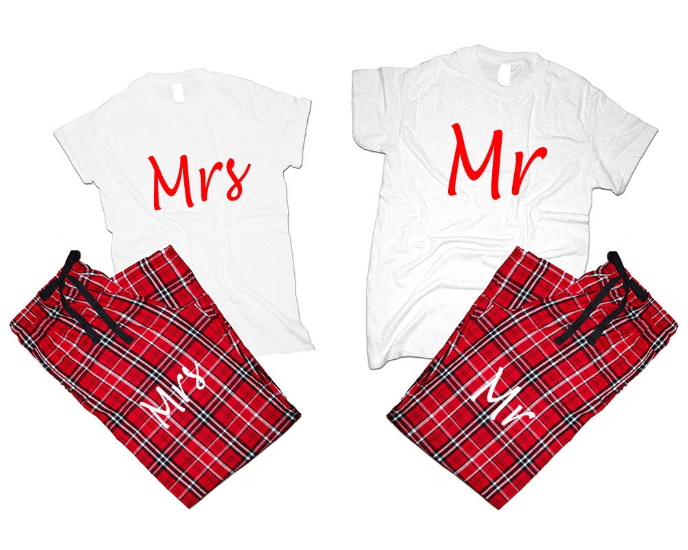 Mr Mrs T shirts pajamas flannel pants outfits Christmas gift wedding anniversary vacation gift for her gift for him 4 items sold separately