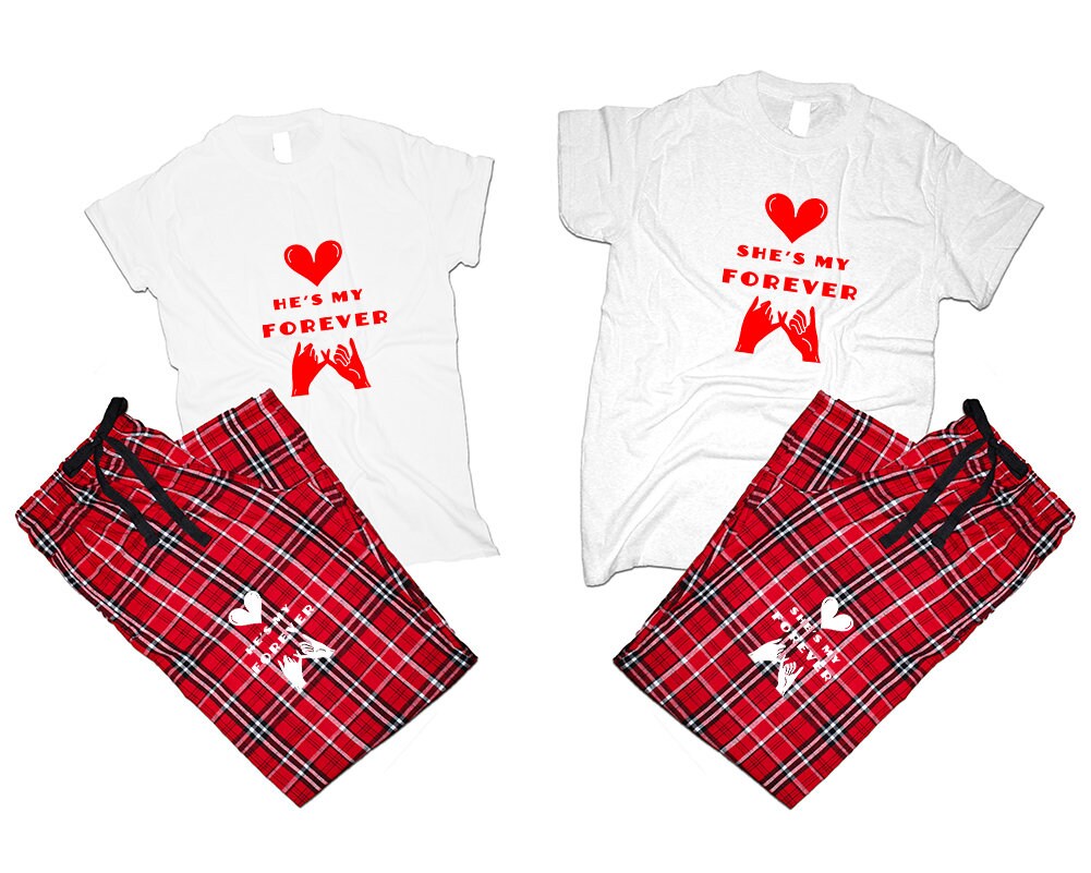 Couple T shirts pants He's my forever She's my forever pajamas flannel  matching couple outfits Christmas gift 4 items sold separately