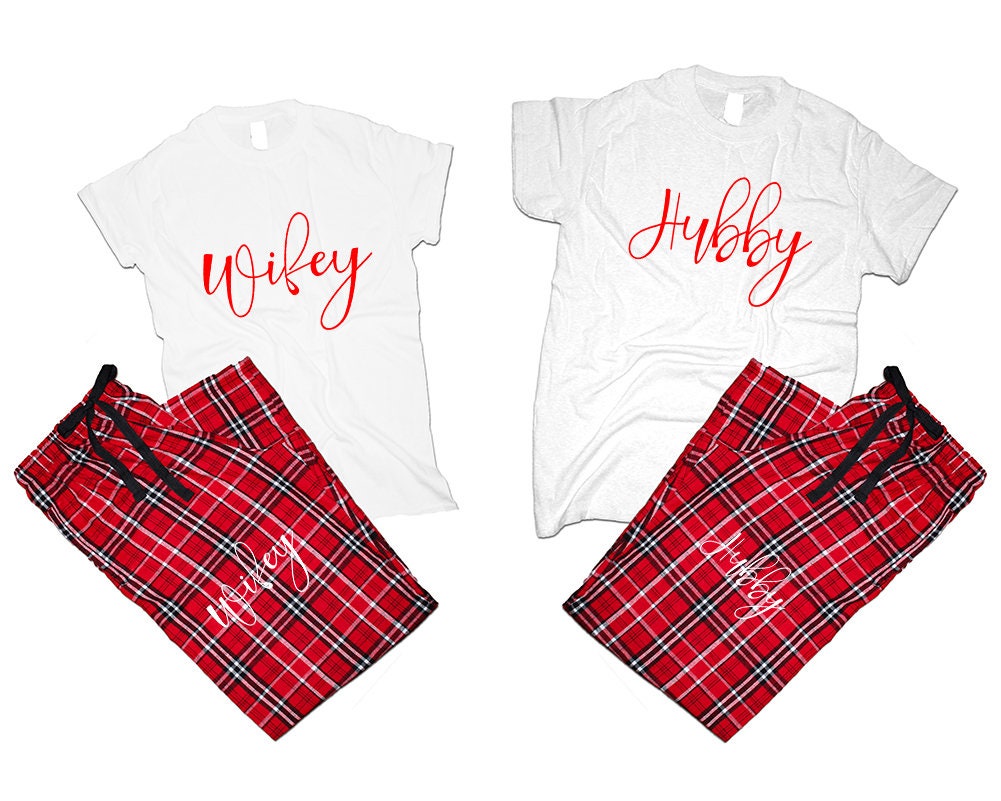hubby wifey Couple t shirts with matching pants  flannel sets pajamas sets woman man Couple outfits gift 4 items sold separately