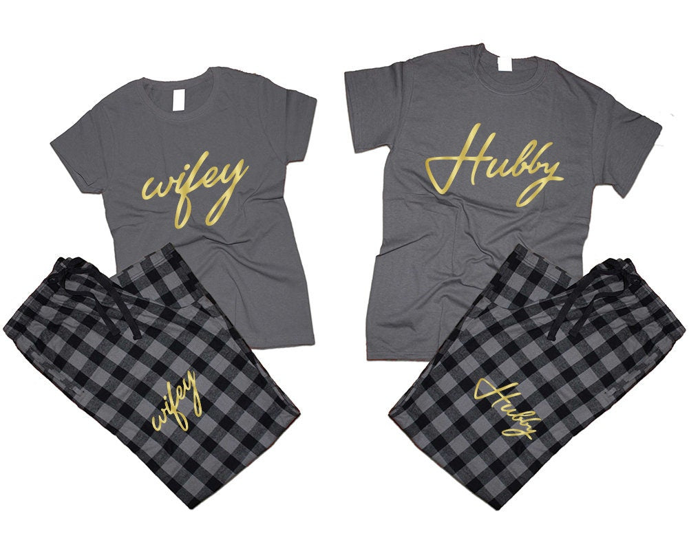 Hubby Wifey Couple t shirts with matching pants flannel sets pajamas gold foil sets woman man Couple outfits gift 4 items sold separately