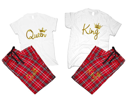 King Queen gold foil Couple pjs matching outfits pajamas flannel pants Christmas gift wedding anniversary vacation 4 items sold separately