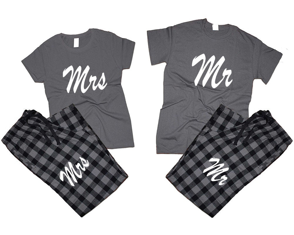 Mr Mrs T shirts pajamas flannel pants outfits Christmas gift wedding anniversary vacation 4 items sold separately