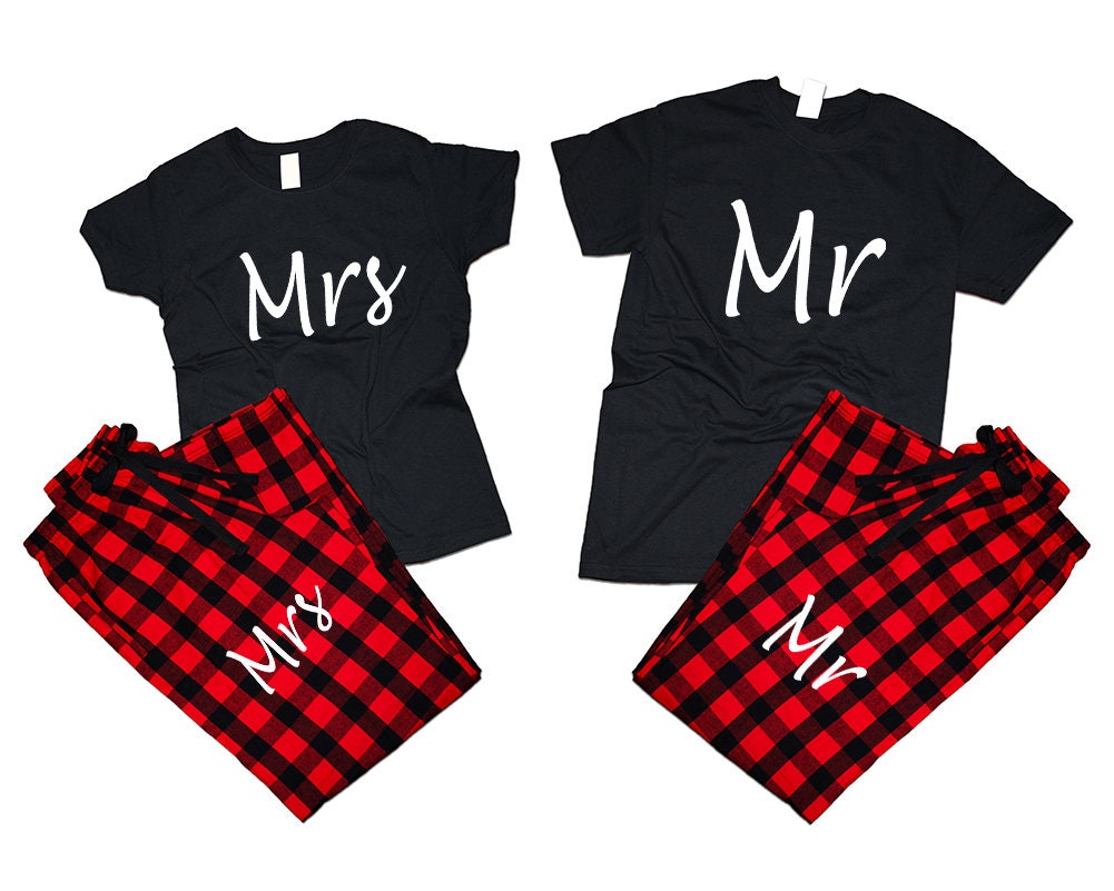Mr Mrs T shirts pajamas flannel pants outfits Christmas gift wedding anniversary vacation gift for her gift for him 4 items sold separately