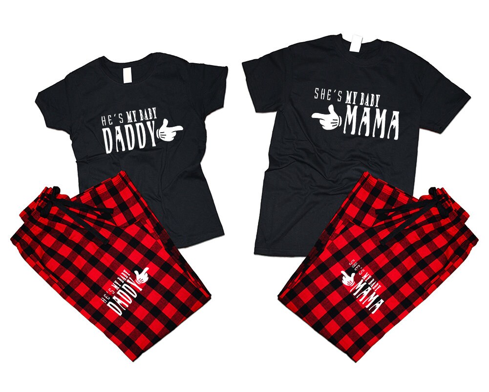 She's my baby mama He's my baby daddy couple shirts pajamas flannel matching outfits Christmas gift funny gift 4 items sold separately