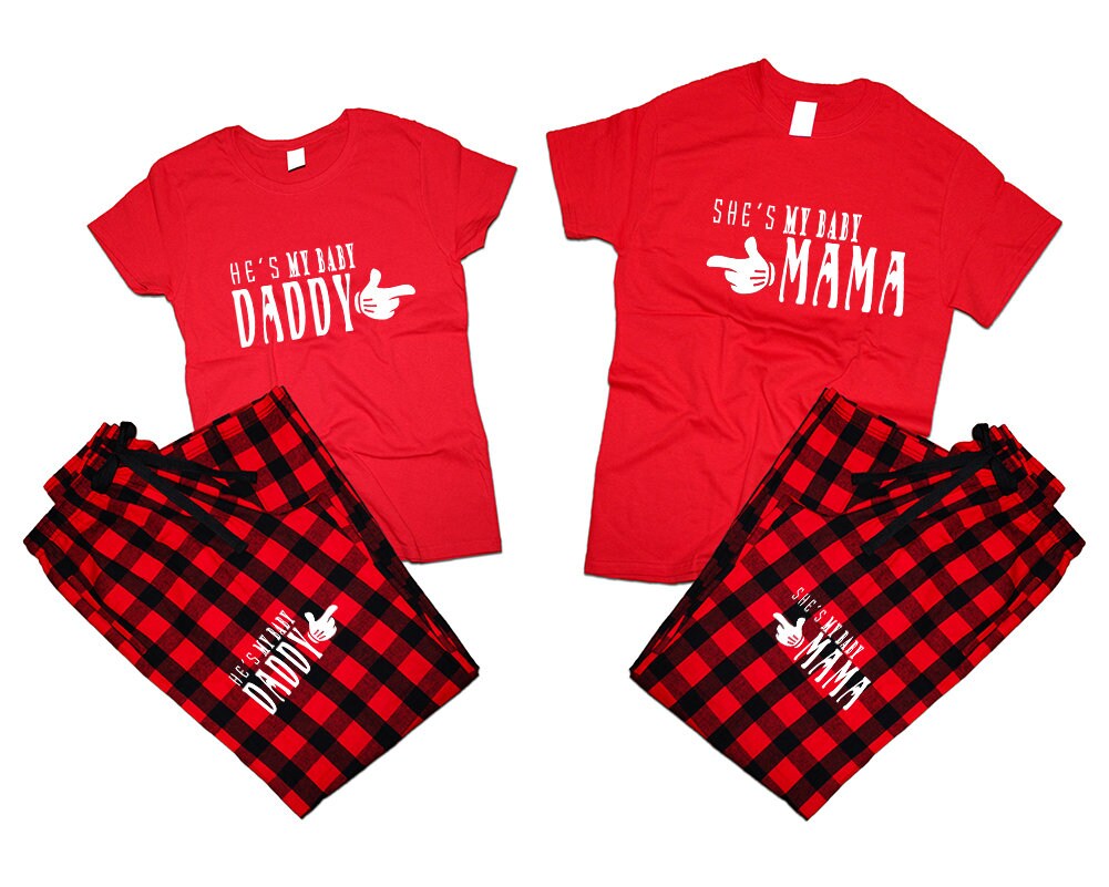 She's my baby mama He's my baby daddy couple shirts pajamas flannel matching outfits Christmas gift funny gift 4 items sold separately
