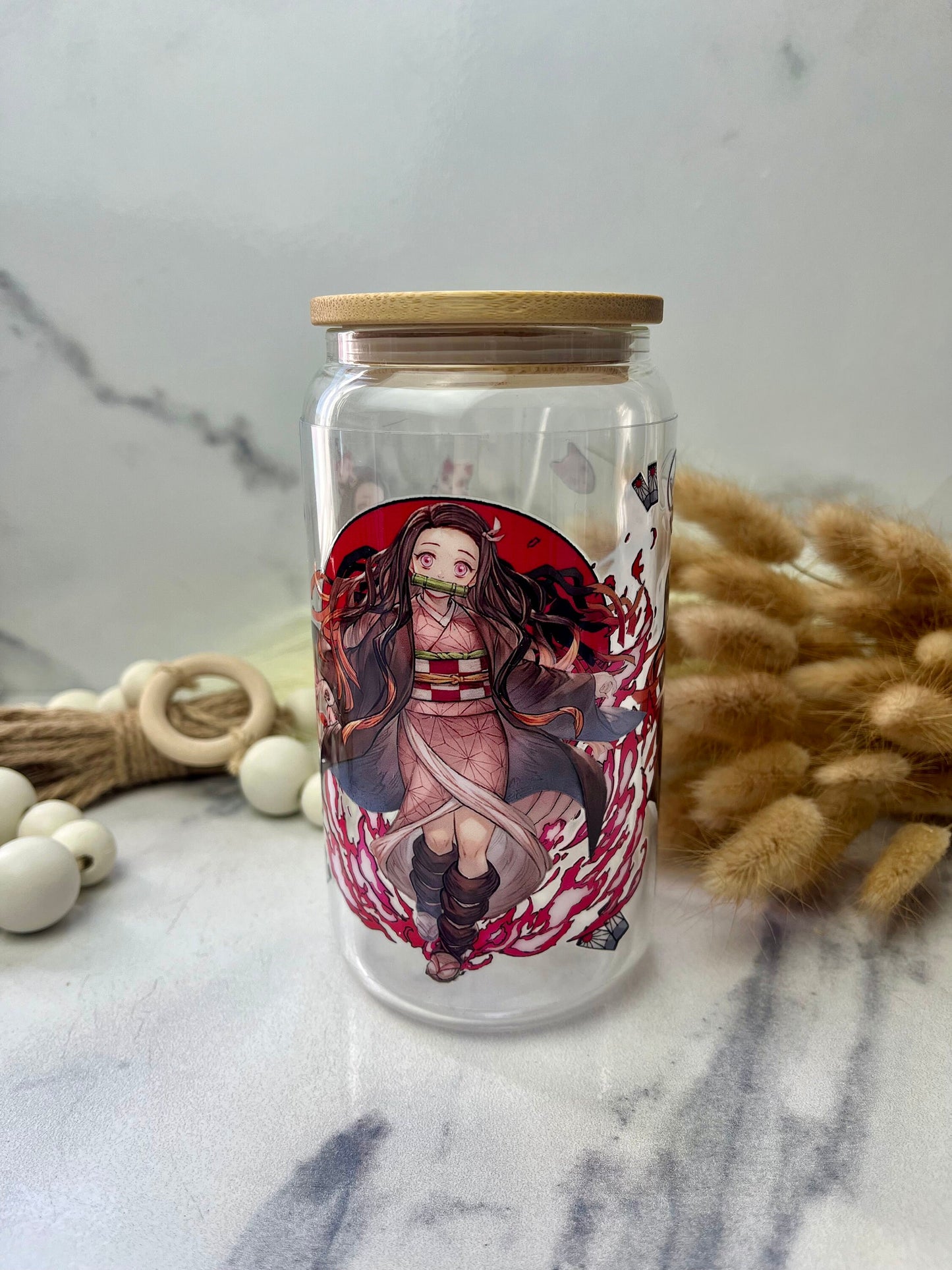 Anime Girl Glass Cup With Lid And Straw, Cute Glass Tumbler Iced Coffee Cup, Gift for her, Tumbler hot summer, gift for birthday