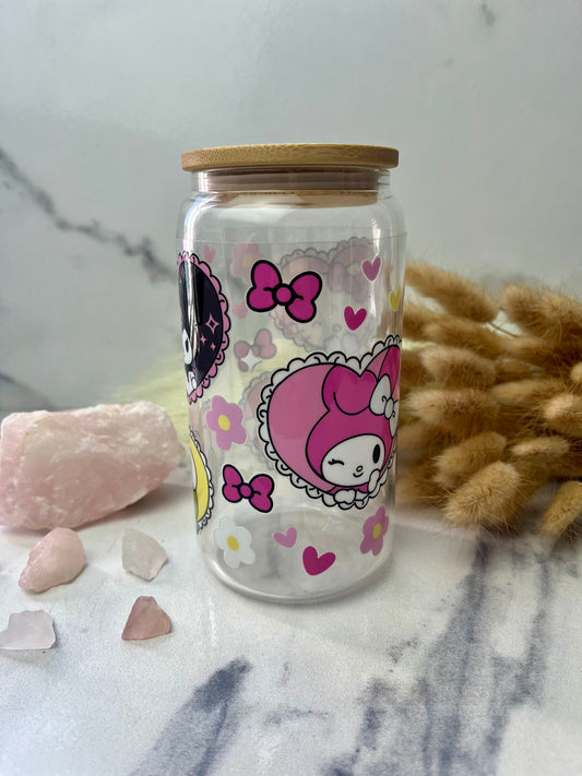 Melody kitty & Friends Glass Cup With Lid And Straw, Cute Glass Tumbler Iced Coffee Cup, Gift for her, Tumbler summer, gift for birthday