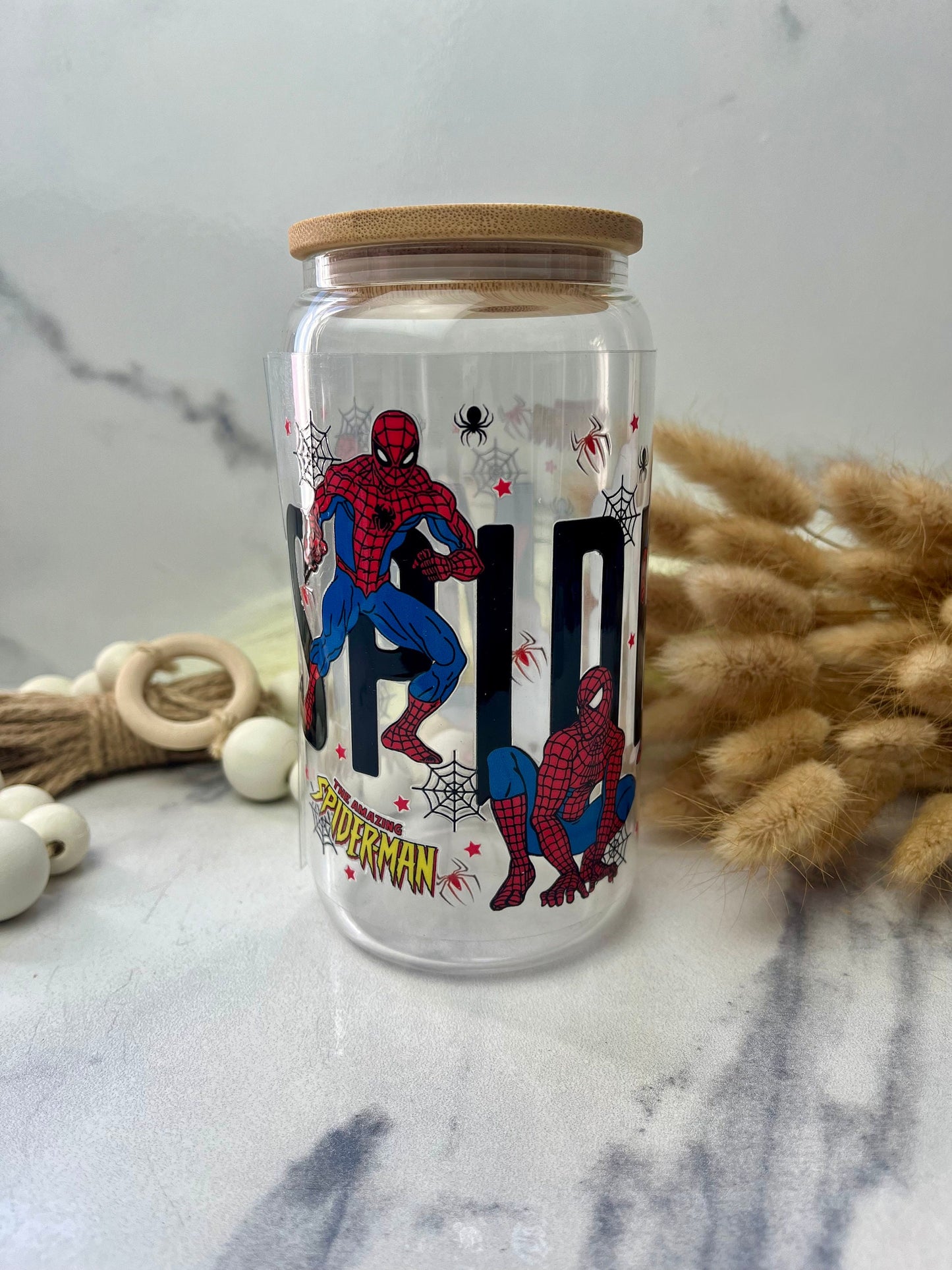 Kids favorite Spider Glass Cup With Lid And Straw, Cute Glass Tumbler Iced Coffee Cup, Gift for her, Tumbler summer, gift for birthday