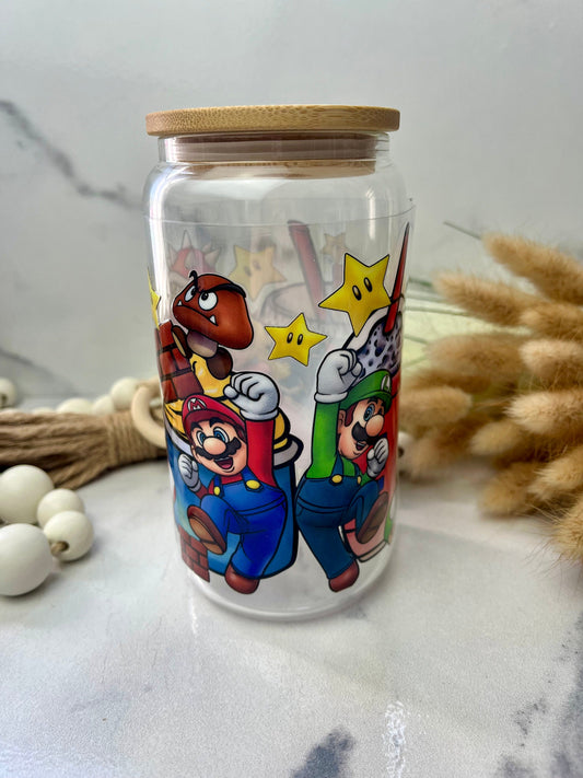 Mario & Friends Glass Cup With Lid And Straw, Cute Glass Tumbler Iced Coffee Cup, Gift for her, Tumbler summer, gift for birthday