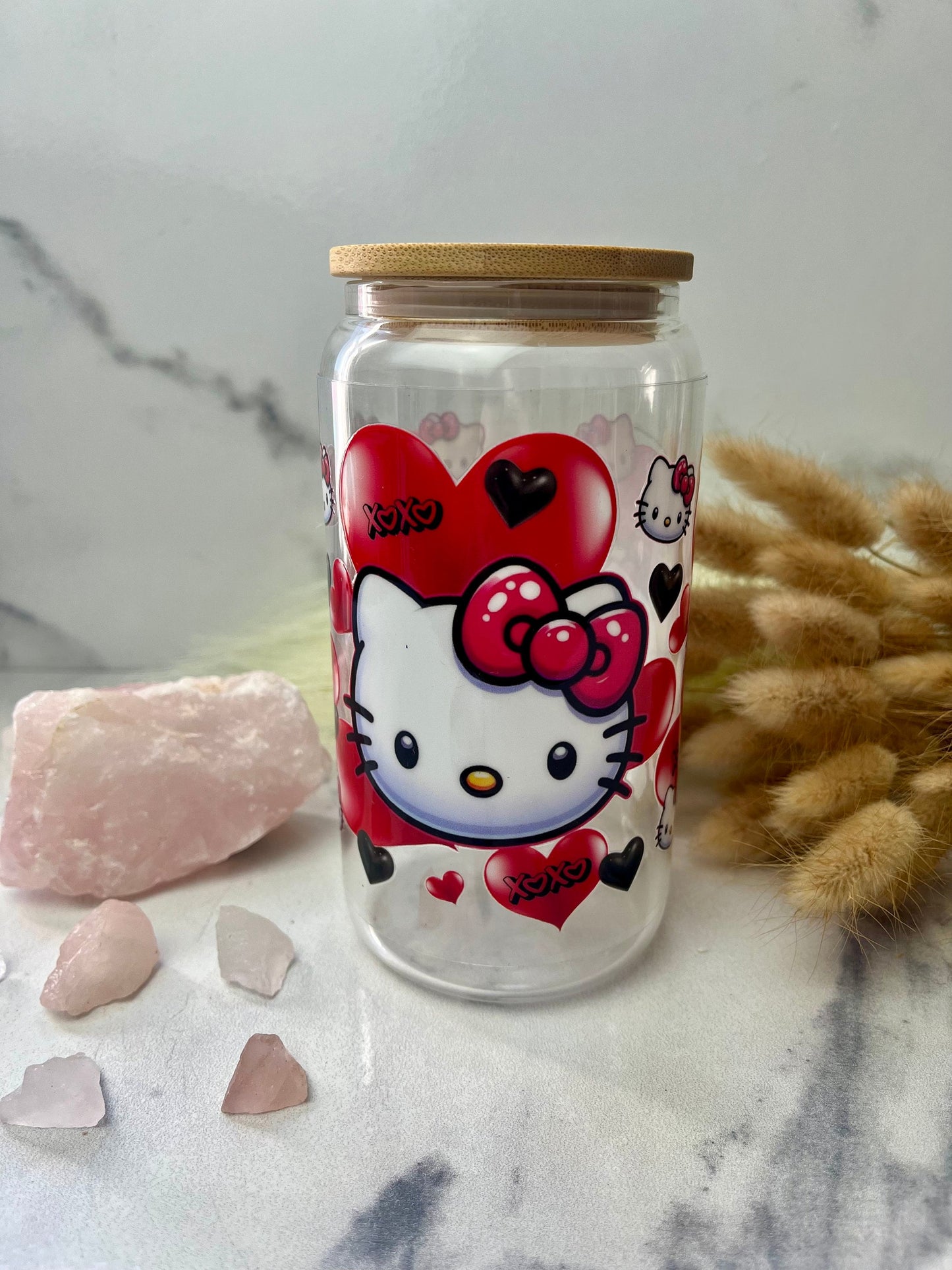 Kitty Red bow Glass Cup With Lid And Straw, Cute Glass Tumbler Iced Coffee Cup, Gift for her, Tumbler hot summer, gift for birthday