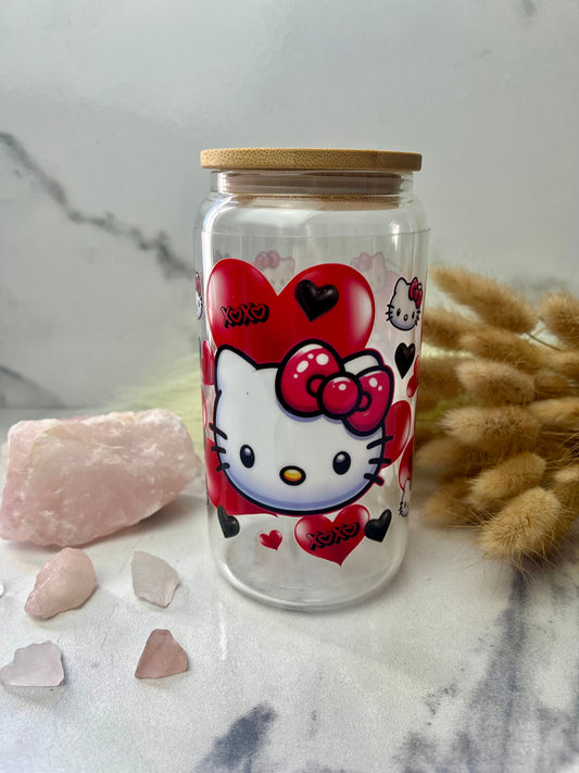 Kitty Red bow Glass Cup With Lid And Straw, Cute Glass Tumbler Iced Coffee Cup, Gift for her, Tumbler hot summer, gift for birthday