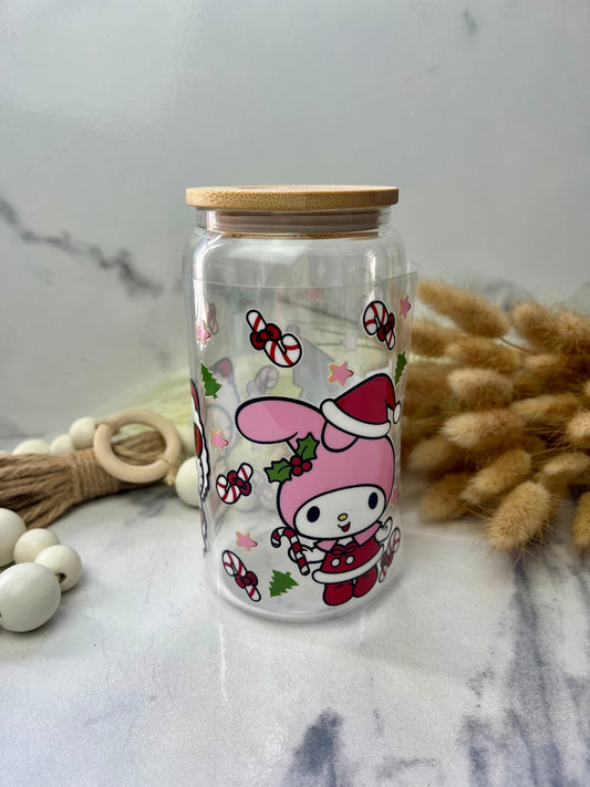 Kitty Christmas Glass Cup With Lid And Straw, Cute Glass Tumbler Iced Coffee Cup, Gift for her, Tumbler hot summer, gift for birthday