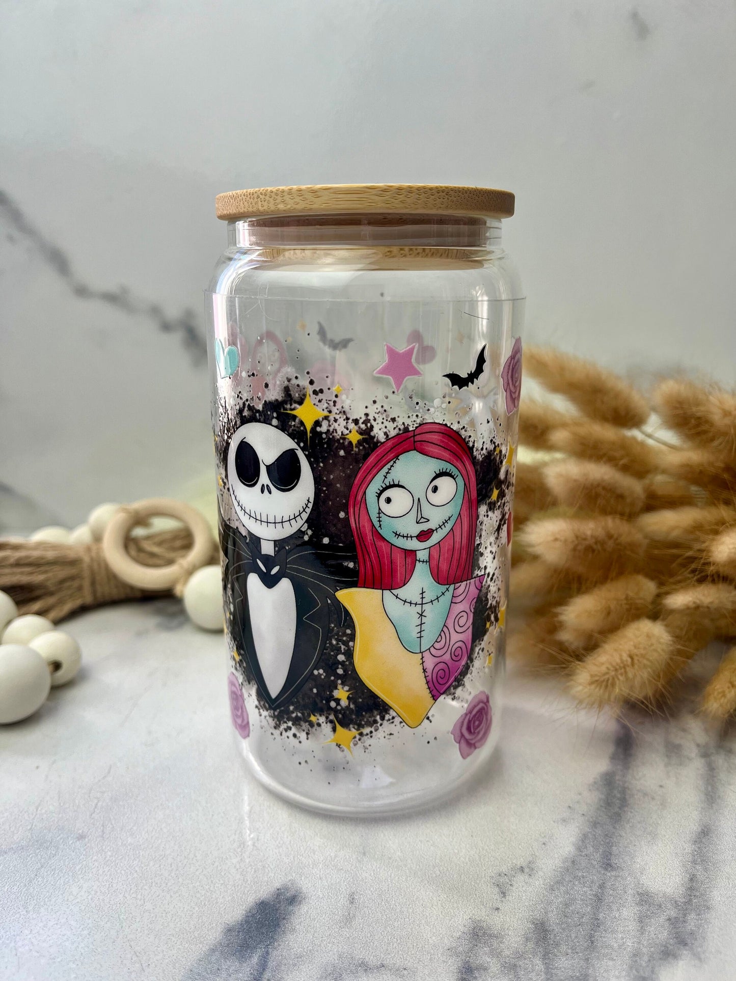 Sally Christmas Glass Cup With Lid And Straw, Cute Glass Tumbler Iced Coffee Cup, Gift for her, Tumbler hot summer, gift for birthday