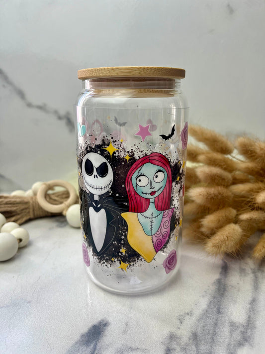 Sally Christmas Glass Cup With Lid And Straw, Cute Glass Tumbler Iced Coffee Cup, Gift for her, Tumbler hot summer, gift for birthday