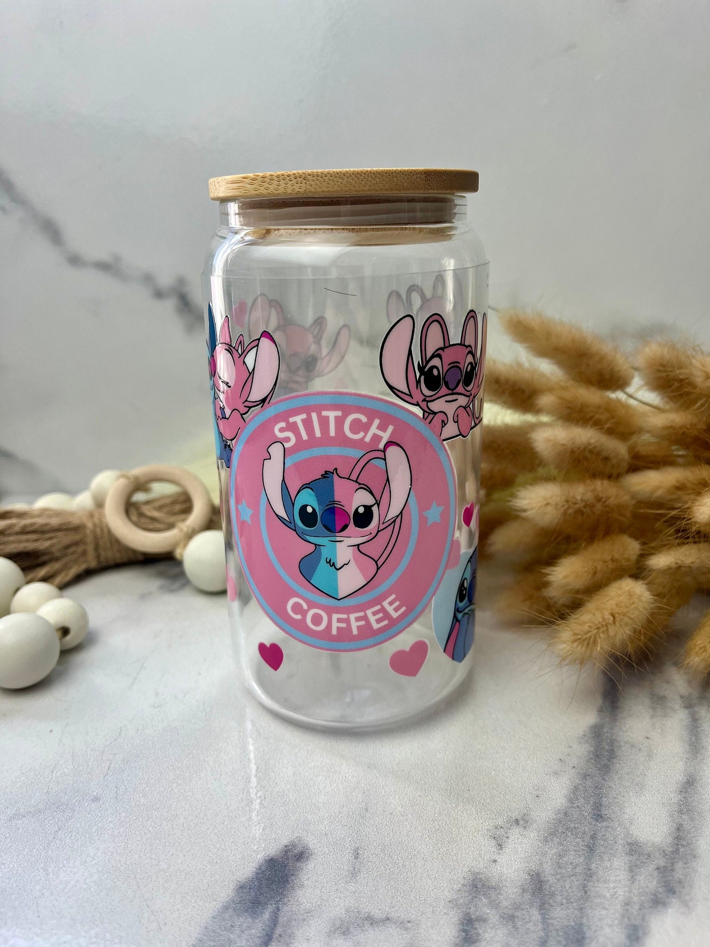 Lilo Glass Cup With Lid And Straw, Cute Glass Tumbler Iced Coffee Cup, Gift for her, Tumbler summer, gift for birthday