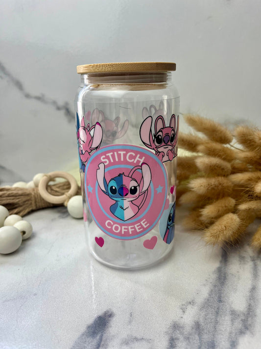 Lilo Glass Cup With Lid And Straw, Cute Glass Tumbler Iced Coffee Cup, Gift for her, Tumbler summer, gift for birthday