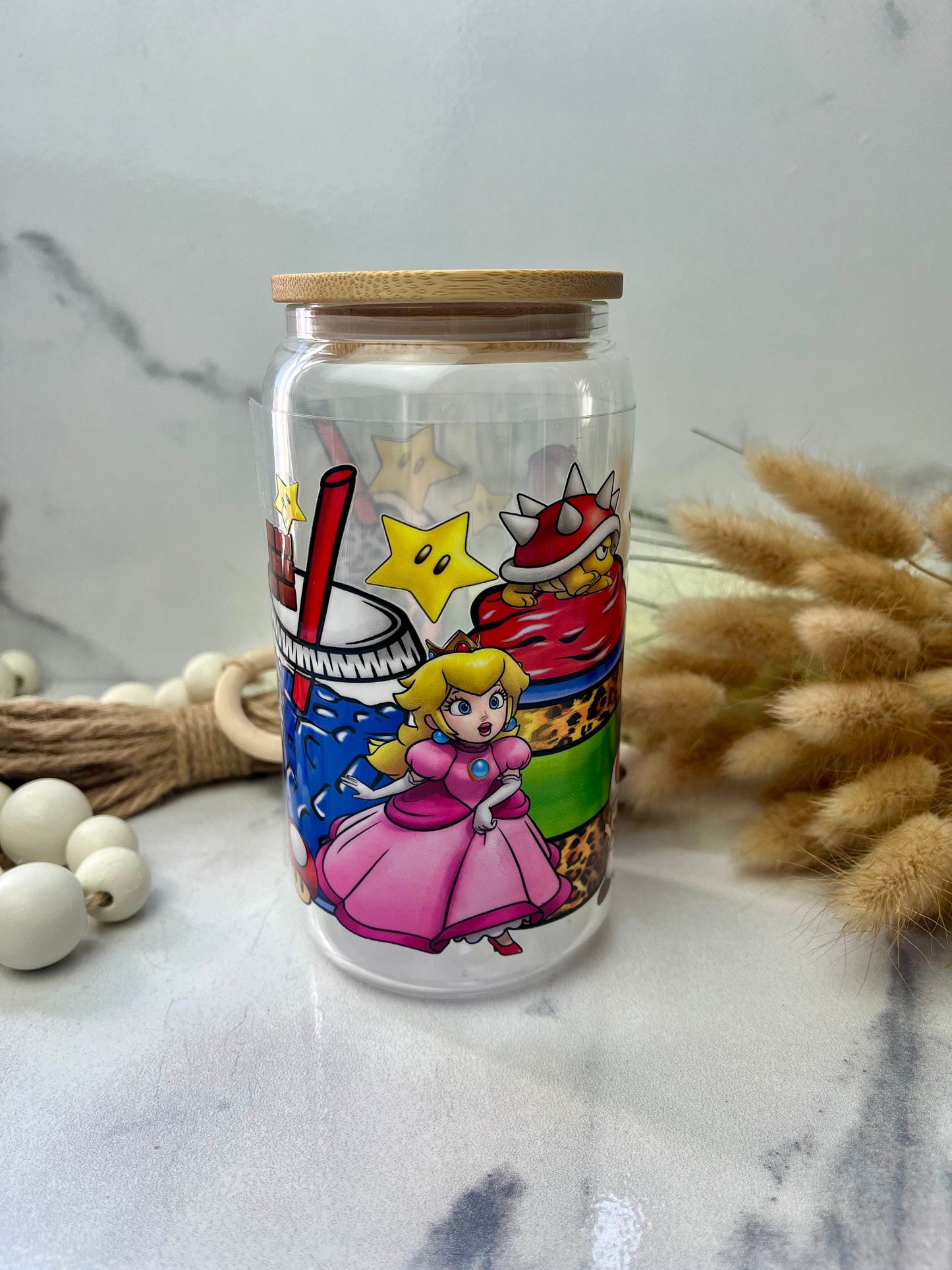 Mario & Friends Glass Cup With Lid And Straw, Cute Glass Tumbler Iced Coffee Cup, Gift for her, Tumbler summer, gift for birthday